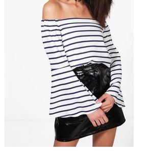 Boohoo- flare sleeve striped Bardot top NWT